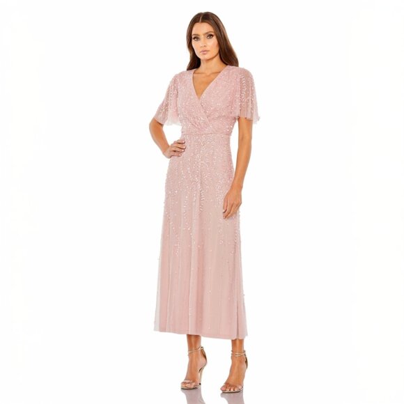 NWT $598 Size 6 Mac Duggal Beaded Butterfly Sleeve Dress - Rose - Picture 1 of 5